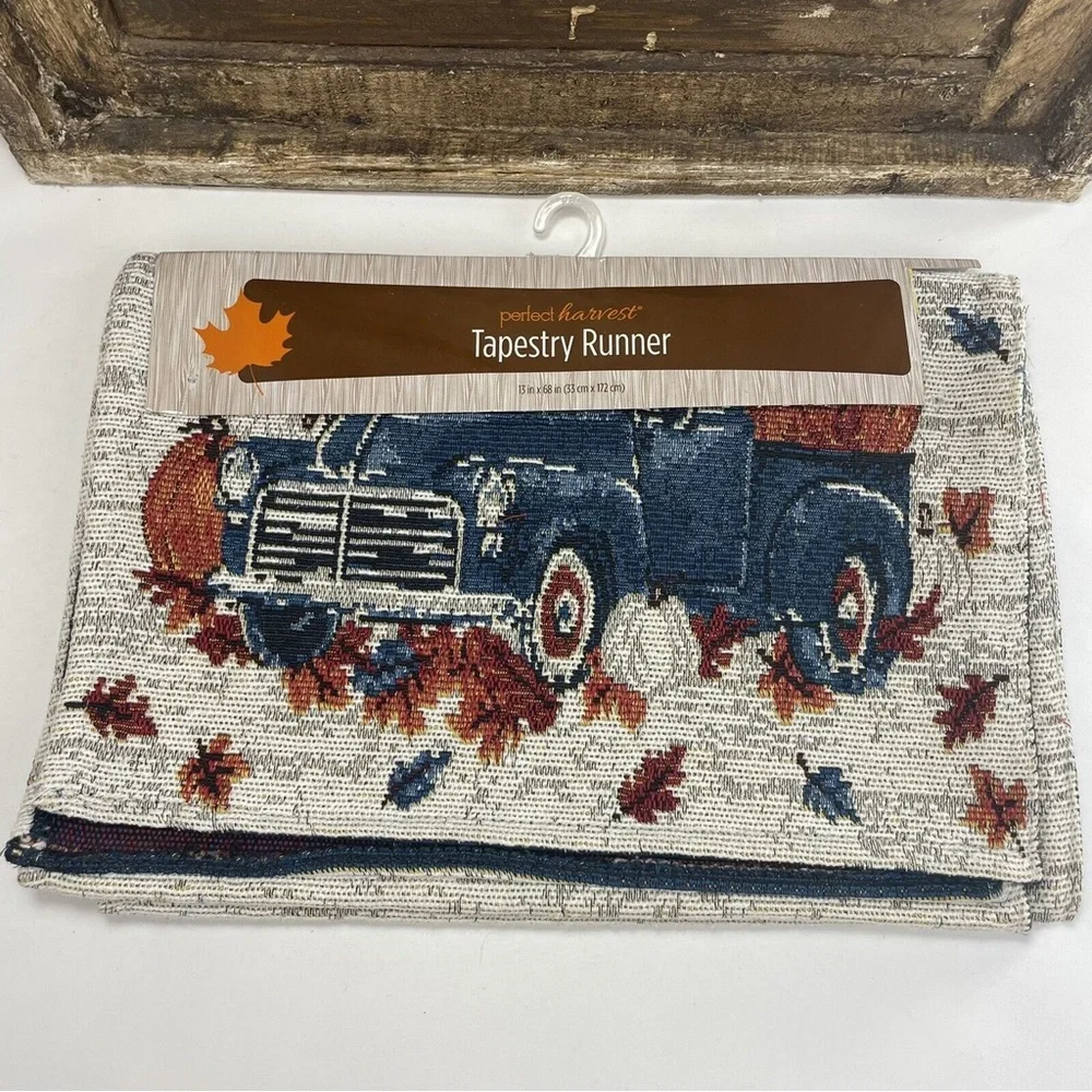 Fall Perfect Harvest Blue Truck Tapestry Table Runner Autumn Leaves NWT